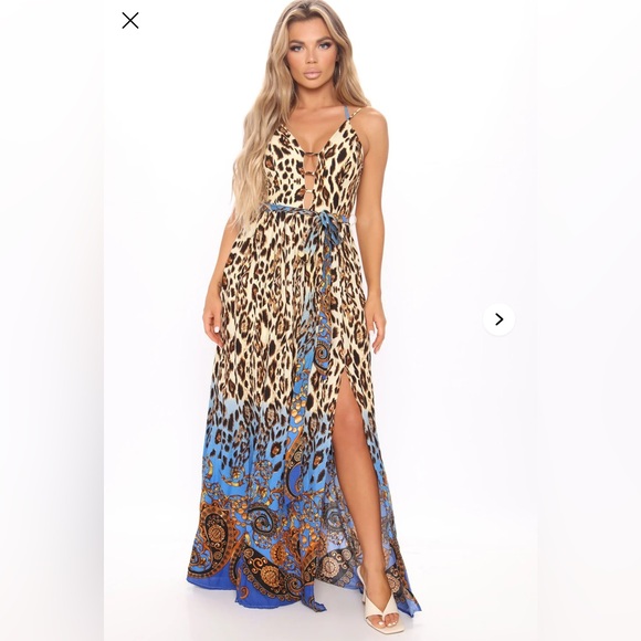 Fashion Nova Dresses & Skirts - Fashion Nova Leopard Print Maxi Dress with Blue Hem